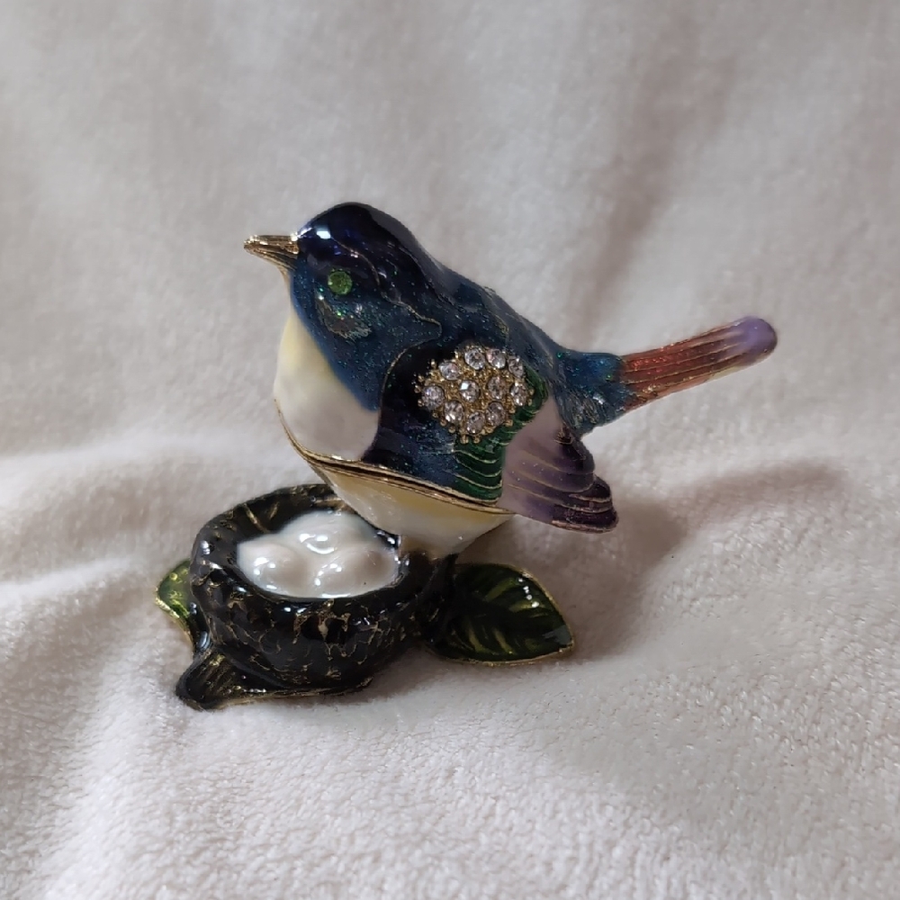 Vintage Enamel Bluebird on Nest Trinket Box Mini Bird Bejeweled Jewelry Box